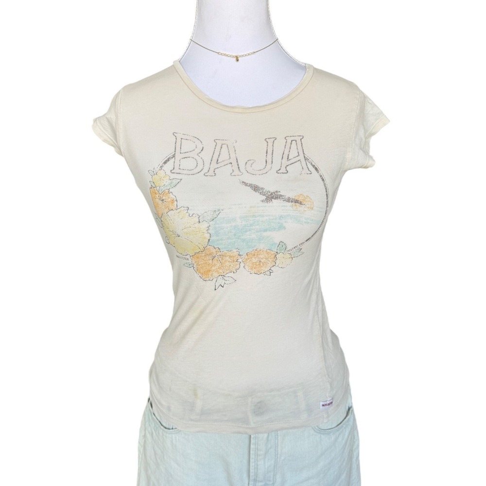 Vintage Hollister Baja Surf Graphic Baby Tee Cream Y2K Coastal Beach S
